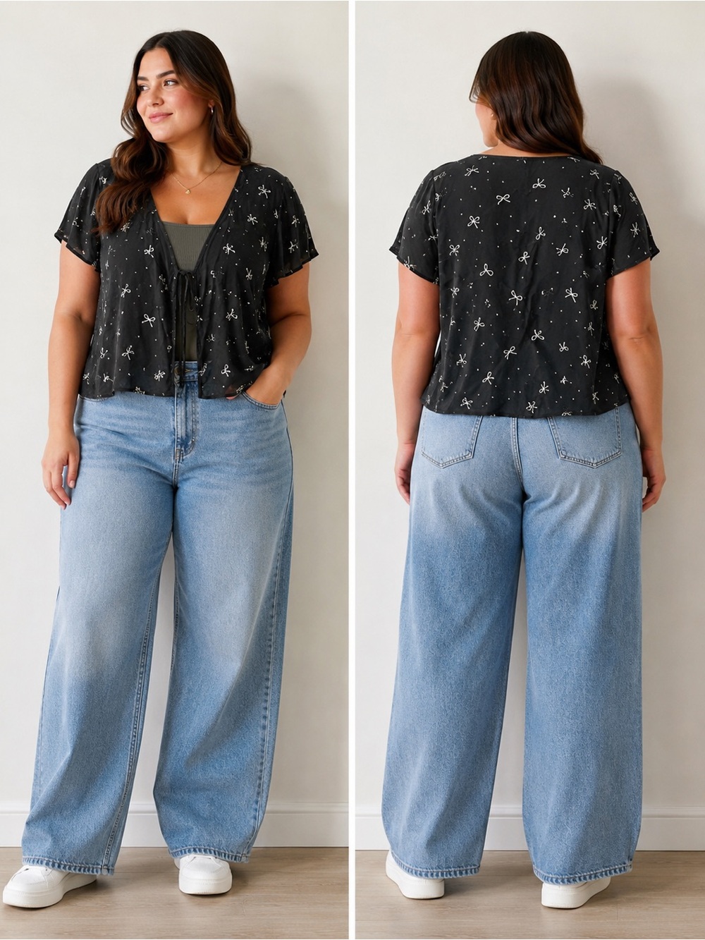 aerie Black Printed Tie-Front Short Sleeve Top